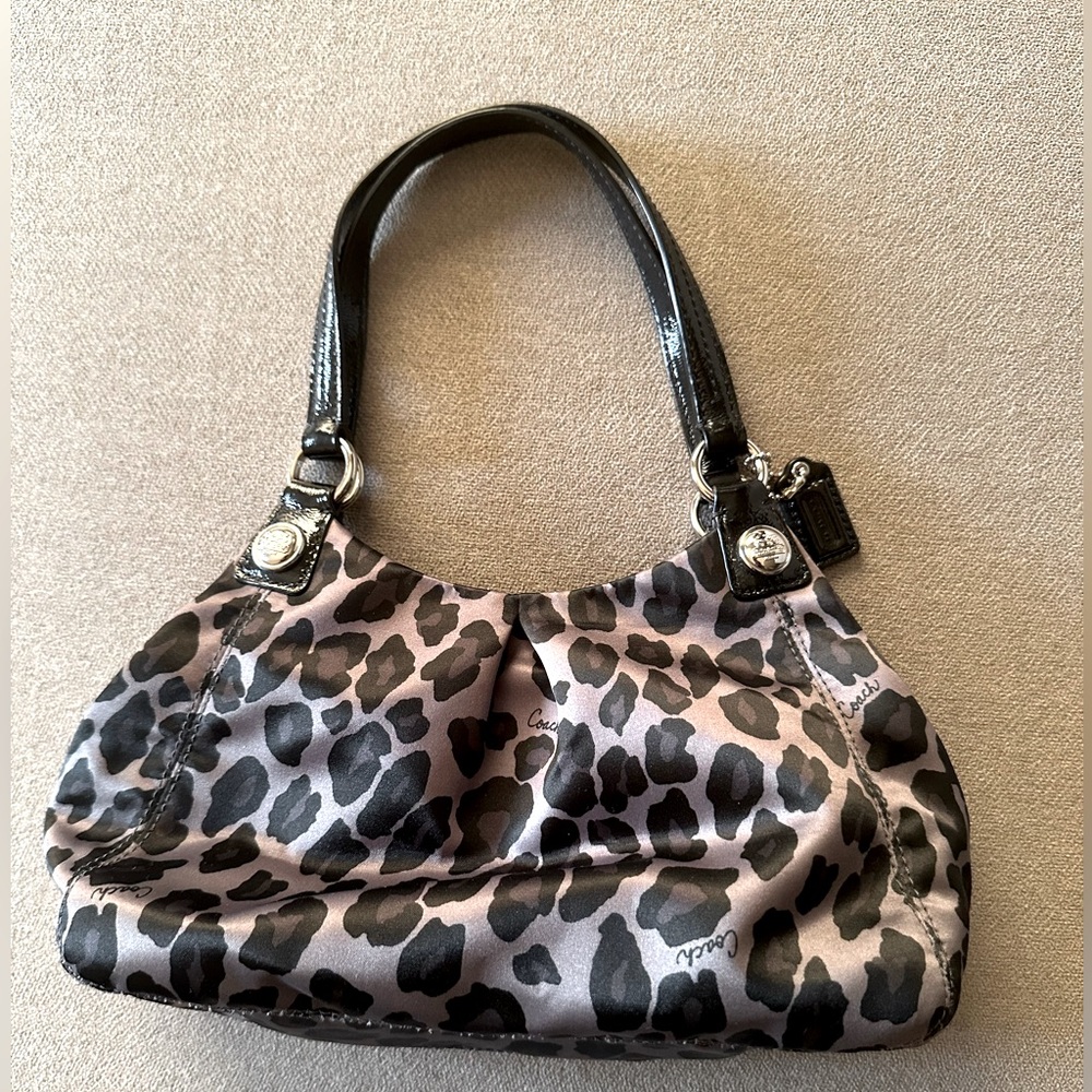 Coach Maggie Ocelot Leopard Animal Print Satin Patent Leather Hobo Bag